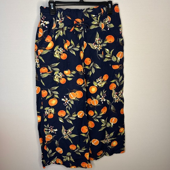 LOFT Pants - LOFT Navy Blue‎ Orange Citrus Linen Blend Cropped Wide Leg Pants Women M Petite
